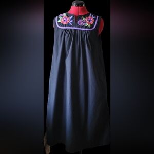 Embroidered Black A-Line Midi Dress with Floral Yoke and Pockets